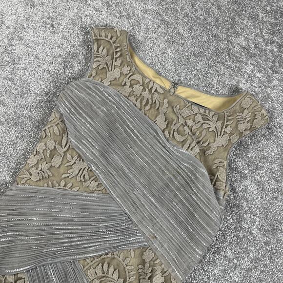 Tadashi Shoji Dress Womens 6 Lace Embroidery Sequins Multi Textured Taupe Silver - Picture 1 of 15